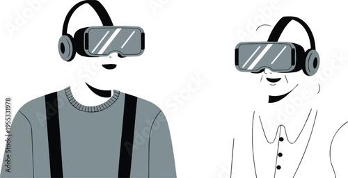 Senior elderly couple using virtual reality headsets for immersive experience in metaverse and digital technology flat vector illustration isolated on white.