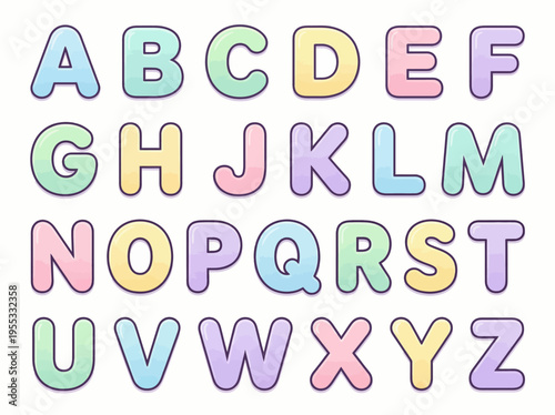 Charming pastel-colored uppercase English alphabet letters, featuring a soft, cute 3D design ideal for children's education, playful typography, and decorative graphic projects