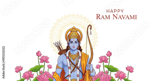 Illustration of Lord Rama in traditional attire with bow and arrow, surrounded by pink lotus flowers and green leaves, celebrating Happy Ram Navami against a white background with a golden