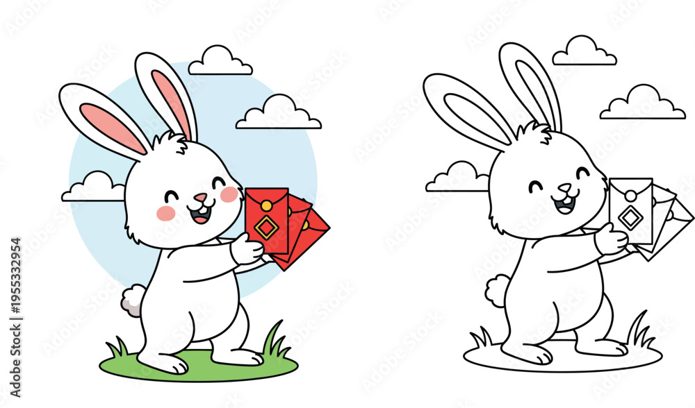 Fototapeta premium Cute Cartoon White Rabbit Holding Red Envelopes for Lunar New Year Celebration, Happy Bunny Illustration