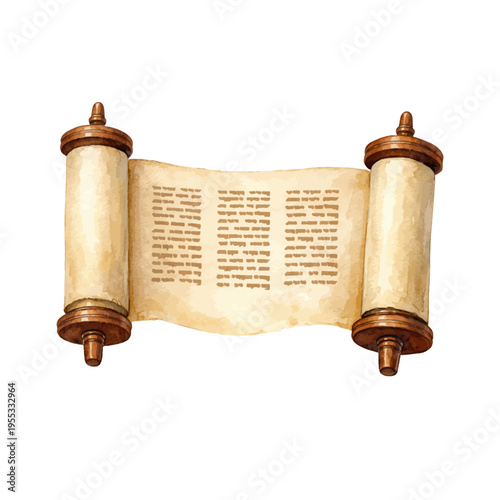 A watercolor illustration of an open Torah scroll, featuring an ancient parchment manuscript with wooden rollers and Hebrew text isolated on a transparent background.