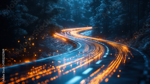 modern highway curve with digital hologram location symbols, technology driven strategy concept, futuristic business mood