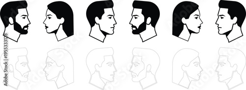 People profile communication set with men and women heads facing each other in solid black and thin outline versions for social interaction and dialogue concepts