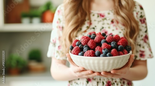 A person in a floral dress holds a white bowl filled with fresh raspberries and blueberries in a bright kitchen setting.