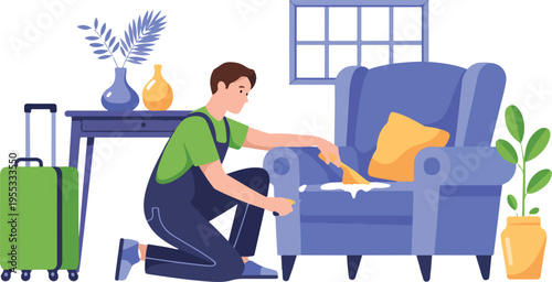 Professional male cleaner in uniform cleaning living room furniture and floor for hotel or vacation rental apartment flat vector illustration.