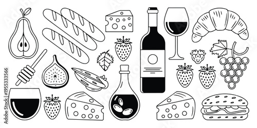 An elegant dining setup on a round table with a white tablecloth features wine, food, and glasses in an indoor setting viewed from above.