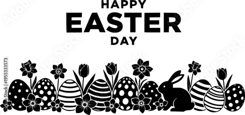 Happy Easter Day greeting card with decorative eggs flowers and a bunny vector illustration of a floral background