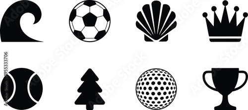 Black Icons of Wave, Soccer Ball, Shell and Crown, Tennis Ball, Pine Tree, Golf Ball, Trophy on White
