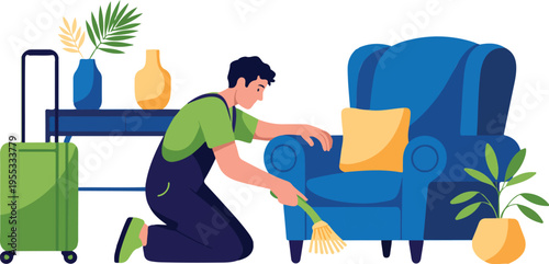 Professional male cleaner in uniform cleaning living room furniture and floor for hotel or vacation rental apartment flat vector illustration.
