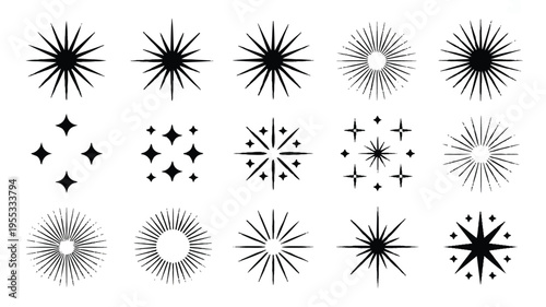 A collection of 16 black sparkle and star icons arranged in a grid pattern