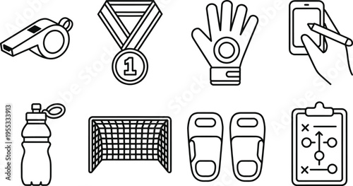 Soccer Sports Icons Set with Goalkeeper Glove, Medal, and Tactics Board