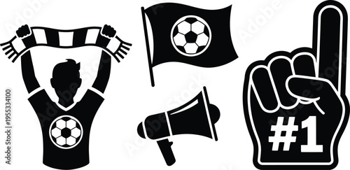 Soccer Fan Silhouette with Scarf, Flag, Megaphone and Foam Finger