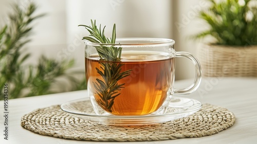 A clear glass cup of herbal tea garnished with a fresh rosemary sprig on a woven placemat, set against a softly blurred natural background.