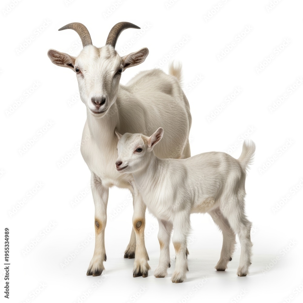 Fototapeta premium White and Brown Goat with Small Kid Standing on White Background