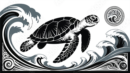 A black and white line drawing of a lady turtle swims through ocean waves