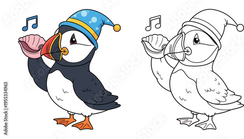 Cute cartoon puffin wearing a blue sleeping hat and listening to a seashell vector illustration. Happy bird character holding shell with music note isolated on white background for kids design.