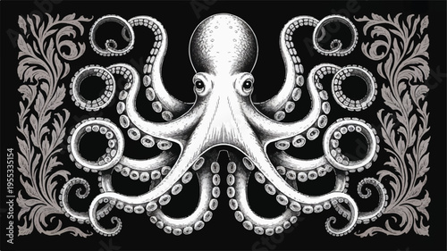 An octopus illustration with curled tentacles in a decorative floral border design