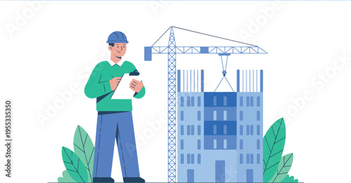 Professional construction engineer with clipboard supervising building site with tower crane and skyscraper under development flat vector illustration.