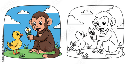 Cute cartoon monkey giving a white flower to a small yellow duckling in nature. Happy animal friends sharing kindness outdoors vector illustration for children.