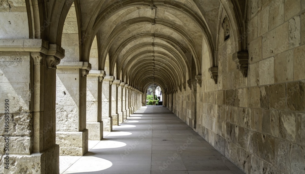 Obraz premium Stone archway corridor featuring symmetrical design and light patterns in an ancient architectural style for travel and historical concepts