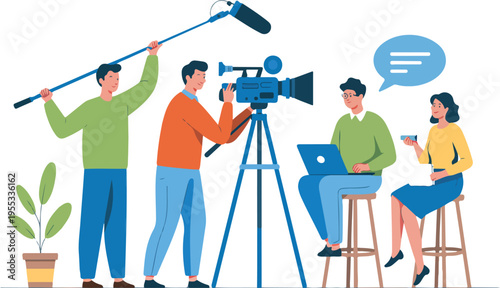 Professional television film crew with camera man and sound engineer recording interview with guest in studio flat vector illustration.