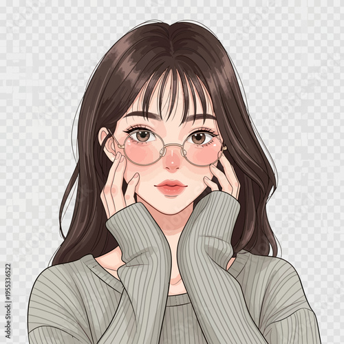 cartoon woman with long brown hair and glasses