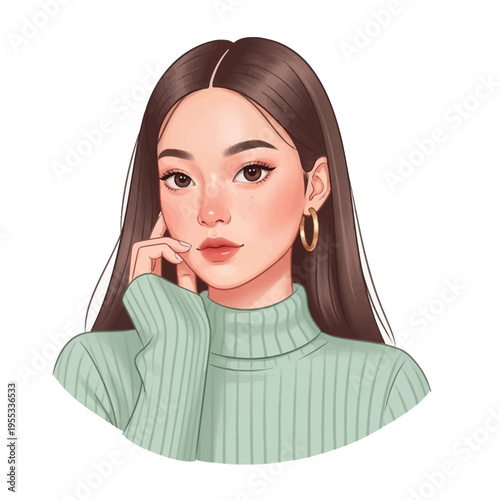 cartoon woman with long brown hair and green sweater posing