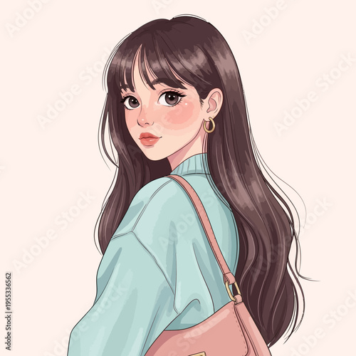 Cartoon illustration of a woman with long brown hair and a pink purse