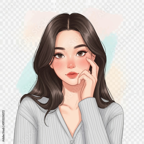 Cartoon woman with long dark hair and hand on face