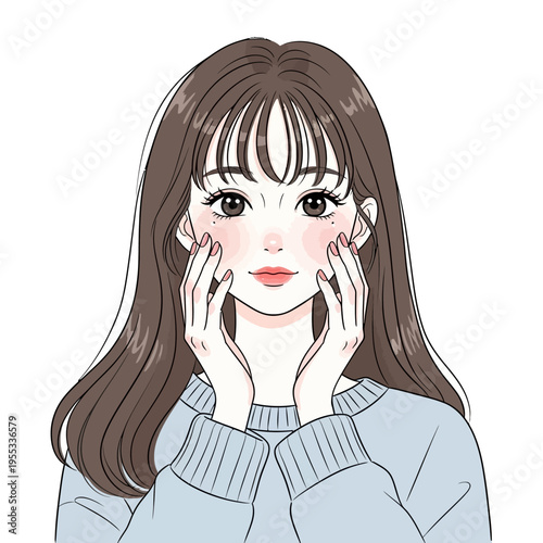 Cartoon woman with long brown hair and hands on face