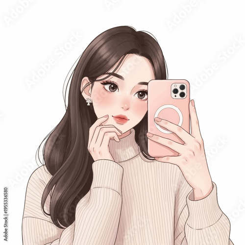 Woman taking selfie with pink smartphone and thoughtful expression