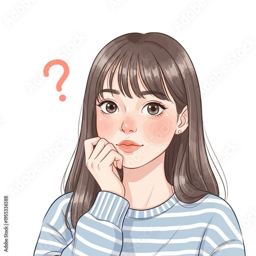 Cartoon woman with question mark thinking face expression