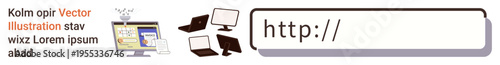 Internet browsing, online communication, connectivity, web development, technology, and digital devices. A web address bar with various devices. Internet browsing and connectivity concept