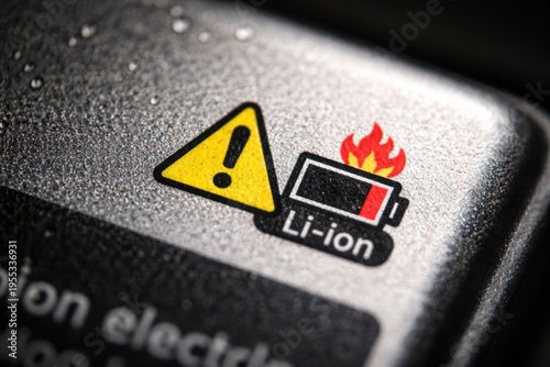 Macro warning icon on lithium ion battery surface highlights fire hazard, product labeling standards, and essential consumer safety communication.