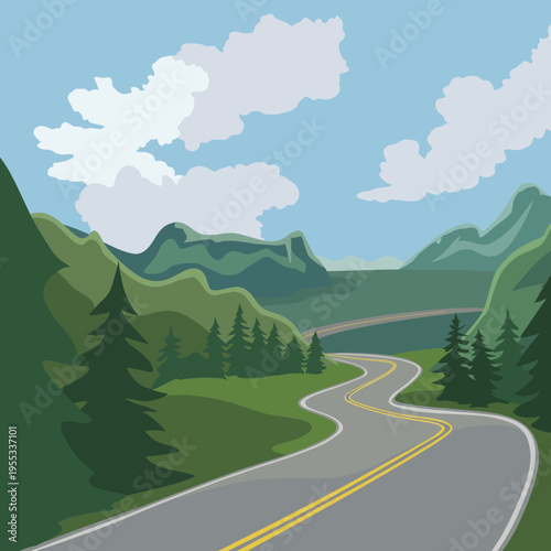 A calming landscape illustration featuring a winding road cut through lush green mountains, inviting viewers into a serene journey amidst nature’s beauty and tranquility.