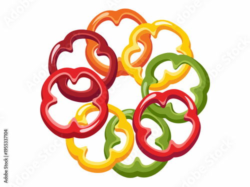 An artistic depiction of sliced bell peppers in various colors arranged aesthetically, showcasing their freshness and vibrancy while highlighting healthy eating and nutrition.