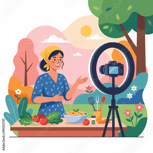 A joyful woman captures the essence of cooking and content creation in a beautiful outdoor setting, blending nature with culinary arts for an engaging experience.