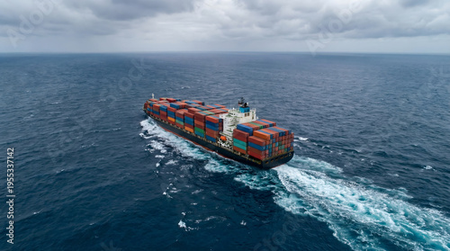 Container cargo ship sailing on the open sea under cloudy skies