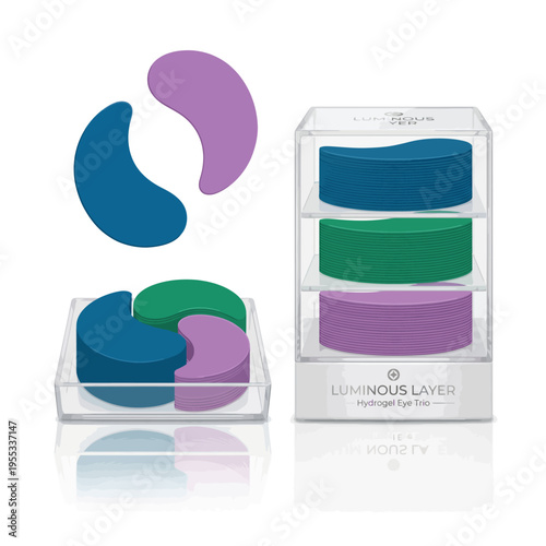 A visually appealing arrangement of colorful hydrogel eyepatches in a modern box, highlighting innovation in skincare and promoting self-care through contemporary beauty products.