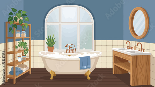 This charming bathroom features a classic bathtub and stylish decor, designed for relaxation and comfort, reflecting tranquility and enhancing the overall bathing experience.