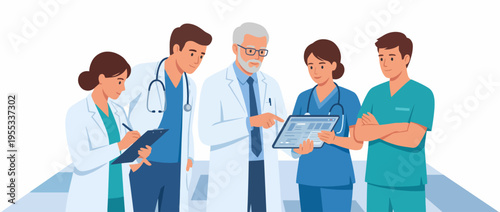 A professional medical team collaborates around a tablet, discussing patient care, representing teamwork, expertise, and the utilization of technology in healthcare.
