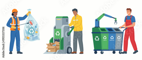 This collaborative illustration depicts recycling workers engaged in various tasks aimed at promoting sustainability and environmental consciousness, highlighting teamwork and responsibility.