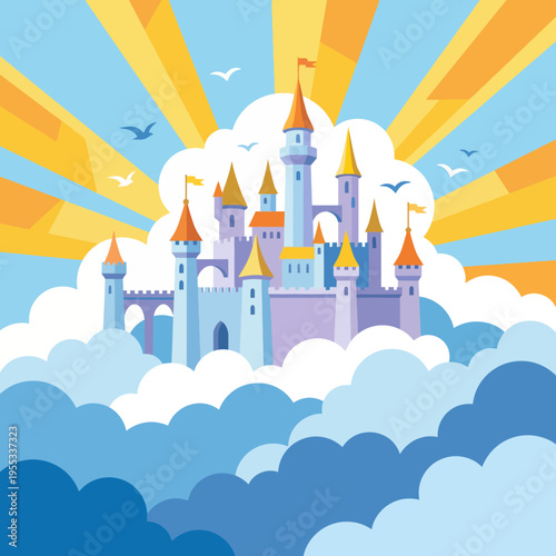 This whimsical image showcases a bright and colorful castle nestled among fluffy clouds with a brilliant sun rising in the background, embodying a sense of magic and wonder.