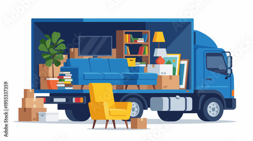 Bilde på lerret A vibrant illustration of a moving truck filled with furniture and personal items, showcasing a cozy lifestyle ready for relocation in a colorful, stylized design