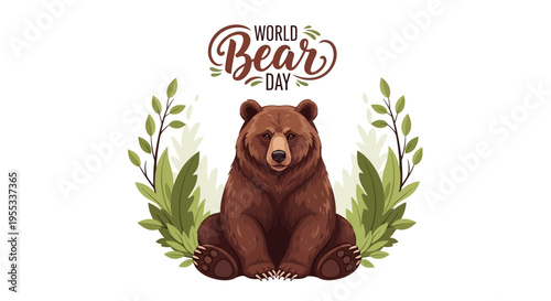 Illustration of a brown bear sitting surrounded by green leaves on World Bear Day, promoting bear conservation awareness with a natural and earthy tone.