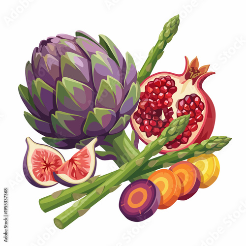 An eye-catching illustration featuring a variety of colorful vegetables and fruits, showcasing the beauty of nature's bounty while emphasizing health and vitality in a fun art style.