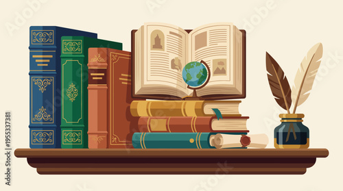 A compelling illustration showcasing a bookshelf filled with books and writing tools, symbolizing knowledge and creativity while providing an inviting atmosphere for readers.
