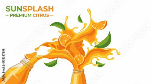 This vibrant illustration captures the splashes of citrus juice with oranges, evoking refreshment and joy, perfect for sunny days and enticing beverage displays.