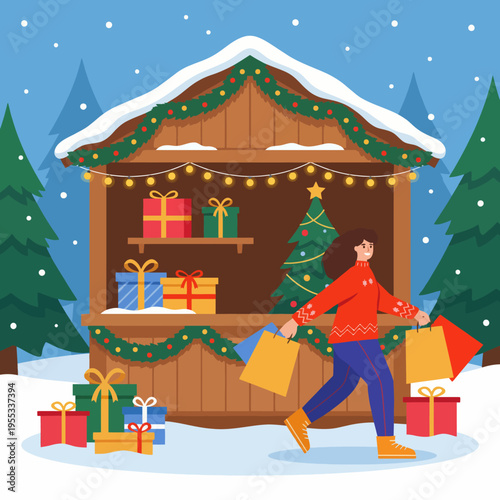 A cheerful woman carries shopping bags from a festive market stall decorated for Christmas amidst a snowy landscape and Christmas trees.