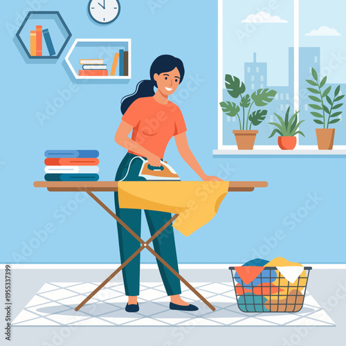 This image showcases a woman happily ironing a yellow shirt while surrounded by neatly arranged clothes and houseplants in a bright, inviting space.